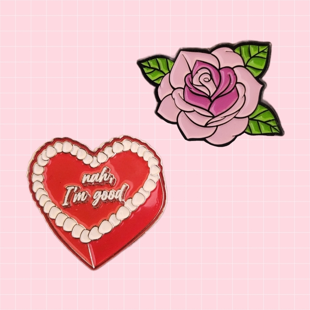 Red Heart Pink Rose Enamel Pins